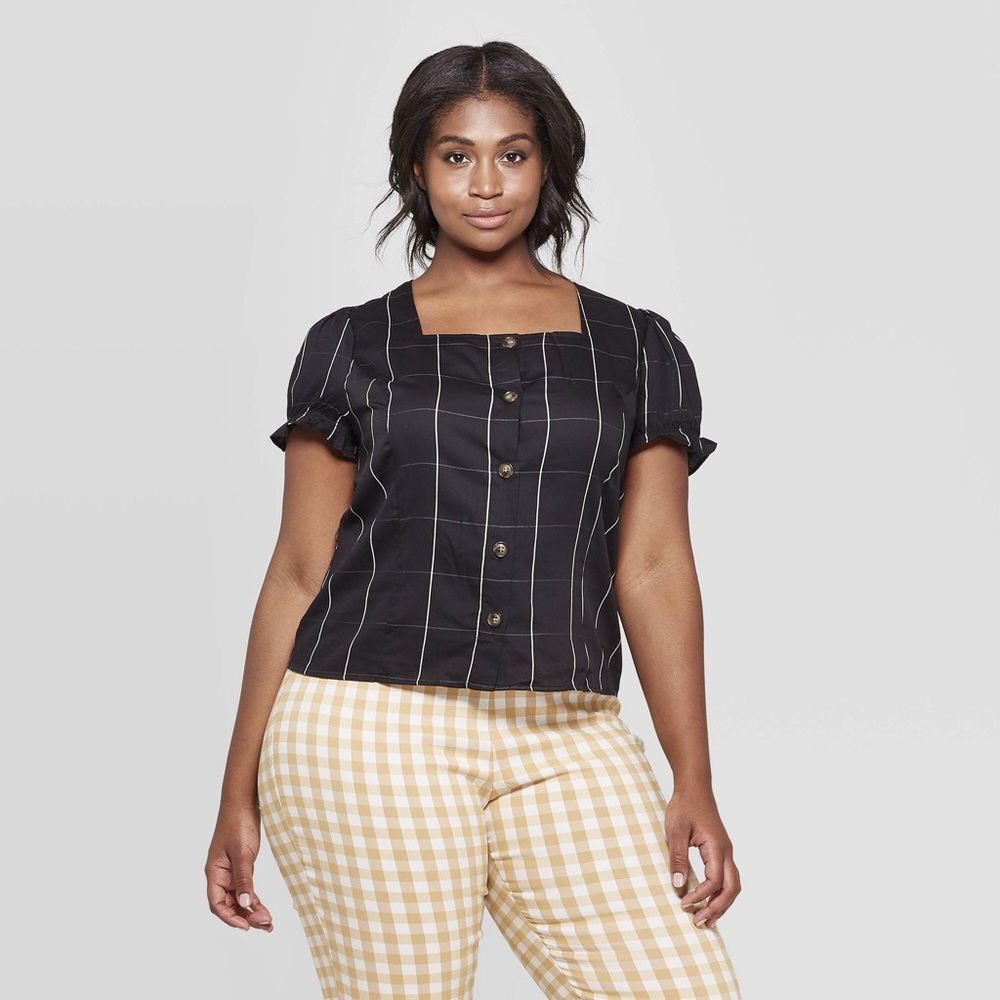 Who What Wear Black Gingham Short Puff Square Neck